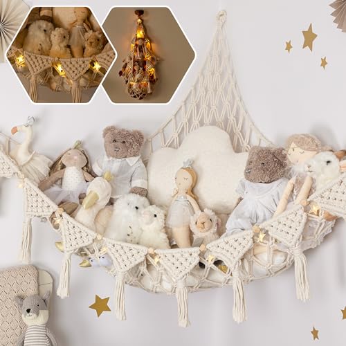 TIDYTEDS Macrame DreamLights Boho Stuffed Animal Storage Net Hammock Extra Large Plush Toy Storage Holder For Small Or Large Plushies Cream