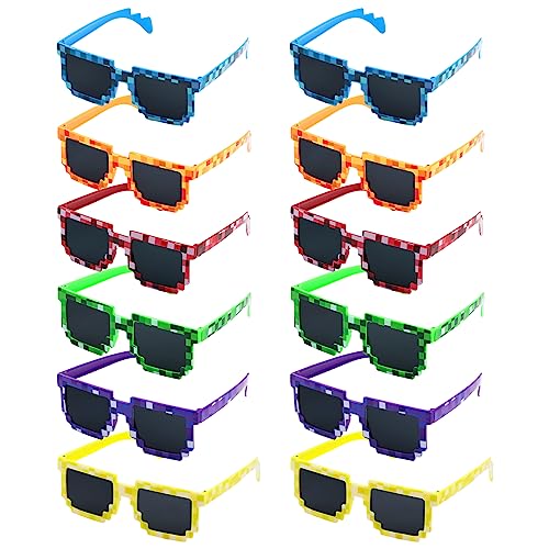 CCINEE 12Pack Pixel Sunglasses Assorted Color Miner Party Favors Pixel Glasses Retro Gamer Sunglasses Pixelated Eyewear for Kids Adults Boys Girls Birthday Party Supplies