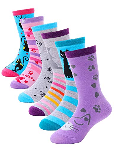 Anlisim Girls Fashion Cotton Crew Cute Cat Shorty Socks 6 Pack (Cat, 5-8 Years Old)