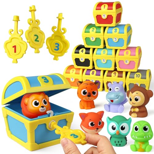 Coogam Fine Motor Skill Toys for Toddlers, 10pcs Surprise Animals Finger Puppets Treasure with Number Locks, Matching Color Sorting Pirate Hunt Game, Learning Montessori Gift for 3 4 5 Year Old