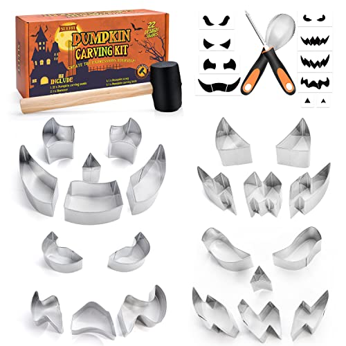 Pumpkin Carving Kit for Kids, 22 PSC Stainless Steel Pumpkin Carving Tools with Hammer and 2 Carving Knives, DIY Halloween Pumpkin Shape