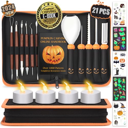 Upgraded 21 PCS Pumpkin Carving Kit for Adults & Kids with Professional Detail Sculpting Tools, Heavy Duty Stainless Steel Knife Set with Carrying Case for Halloween Decoration