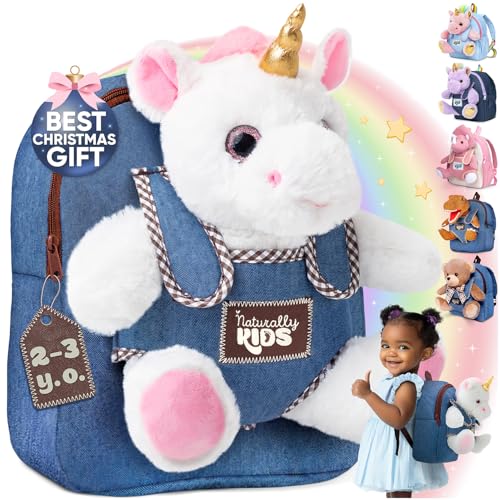 Naturally KIDS Toddler Backpack 10-12 Inch w Unicorn Toys, 2 Year Old Girl Birthday Gift, 3 Year Old Girl Gifts Boy, Toddler Unicorn