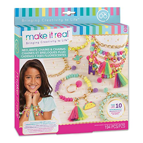 Make It Real: Neo-Brite Chains & Charms Kit - Create 10 Unique Cord & Tassel Charm Bracelets, 195 Pieces, Includes Play Tray,DIY Playful Charm & Jewelry Kit, Tweens & Girls, Arts & Crafts, Ages 8+