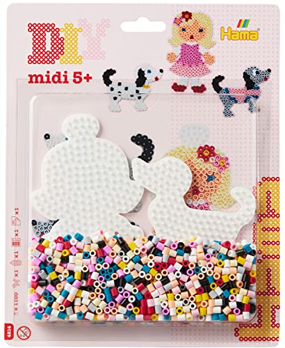 Hama Perlen 4214 Dog and Doll, Blister Pack of Approx. 1,100 midi Beads, 2 peg Plates, Ironing Paper and Instructions (English Language not Guaranteed), for Children Aged 5 and Over, Multicoloured