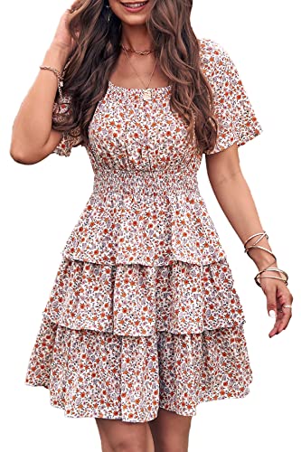 PRETTYGARDEN Women's 2024 Floral Summer Short Dress Square Neck Short Sleeve Tiered Ruffle Boho Swing Dresses (White,Small)