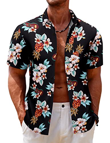 COOFANDY Men's Hawaiian Shirt Short Sleeve Casual Button Down Floral Printed Beach Shirts with Pocket Black