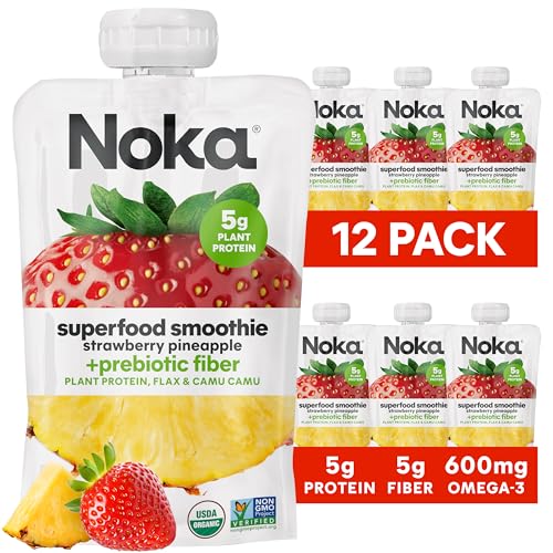 Noka Superfood Fruit Smoothie Pouches, Strawberry Pineapple, Healthy Snacks with Flax Seed, Prebiotic Fiber and Plant Protein, Vegan and Gluten Free, Organic Squeeze Pouch, 4.22 oz, 12 Count