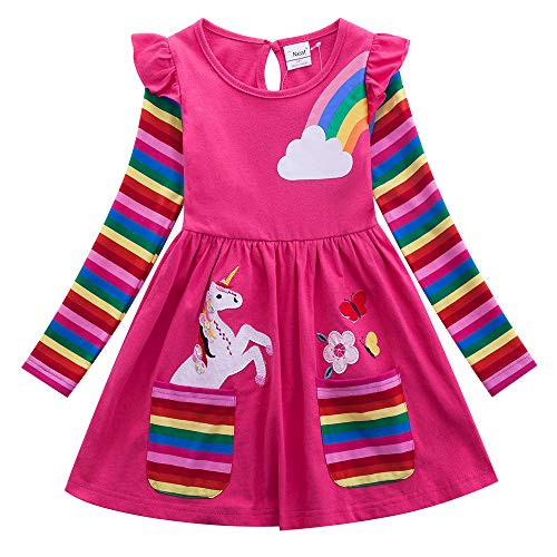 JUXINSU Cotton Girls Flower Rainbow Long Sleeve Dresses Butterfly Animal for Kids 3-8 Years (81035-Fuchsia, 4T(4-5 Years))