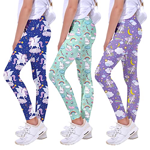 Quedoris Girls 3-Pack Printed Leggings Unicorn Kingdom/Sky/Galaxy Unicorn 120Y