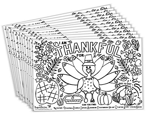 Tiny Expressions - Thanksgiving Coloring Placemats for Kids - Set of 12 Paper Placemats to Color, Turkey 'I Am Thankful for' Theme - Fall Thanksgiving Crafts for Kids