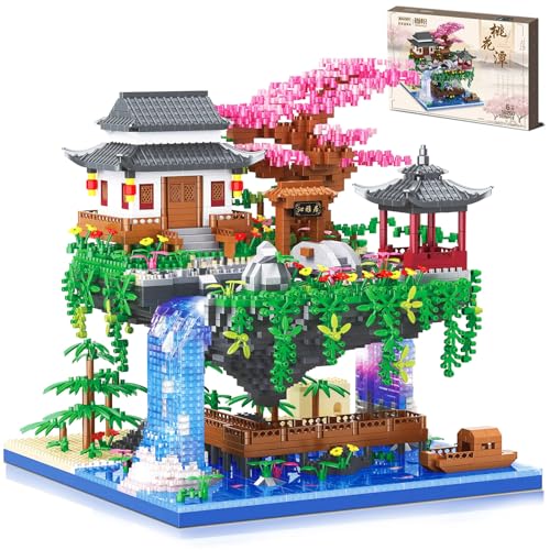 Peach Blossom Pond Micro Building Blocks Set Toys for Kids and Adults, Mini Cherry Bonsai Tree House with LED String Lights DIY Japanese Sakura Street Model Chinese Bricks Architecture Kit Teens Gift