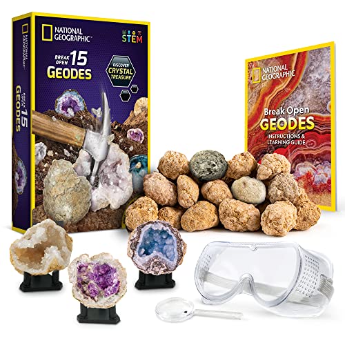 NATIONAL GEOGRAPHIC Break Open 15 Premium Geodes - with Goggles, Detailed Learning Guide, 3 Display Stands, Great STEM Science Toy & Educational Gift