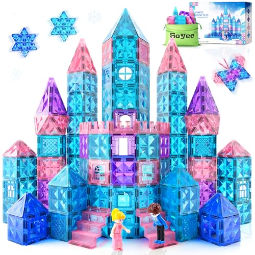 Frozen Toys for Girls Magnetic Tiles 102pcs with 2 Stairs 2 Dolls Princess Castle Building Toys Girls Toys Age 4-5 6-8 Magnetic Blocks Birthday Xmas Gifts for Girls Toys for 3 4 5 6 7 8+ Year Old