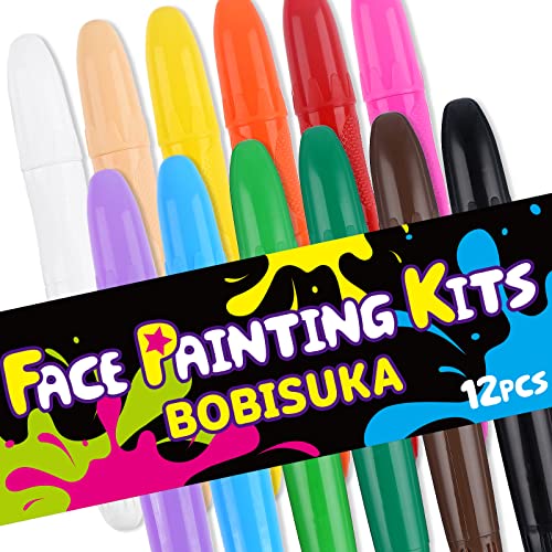 BOBISUKA Face Body Paint Sticks Kit, 12 Color Water Based Face Painting Crayon Set for Art Theater Halloween Party Cosplay Clown SFX Makeup for Women Adults, Non-Toxic Washable