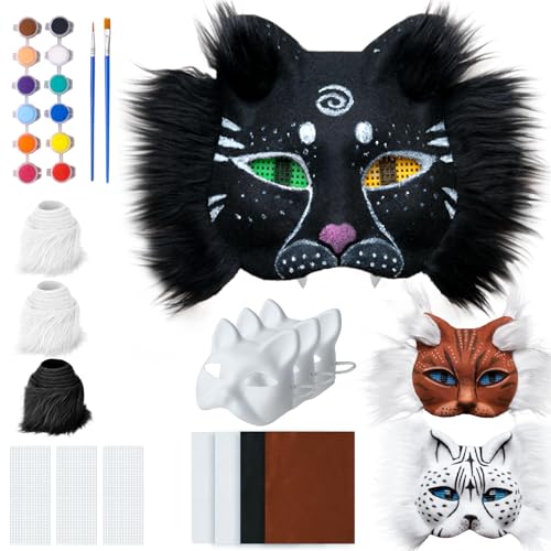 Felted Therian Mask, 3PCS Cat Mask Starter Kit, 3-Colored Felt and Eye Mesh for Therian Mask, DIY Fox Masks for Halloween Masquerade Party, White Blank Cat Masks for Painting, Animal Cosplay