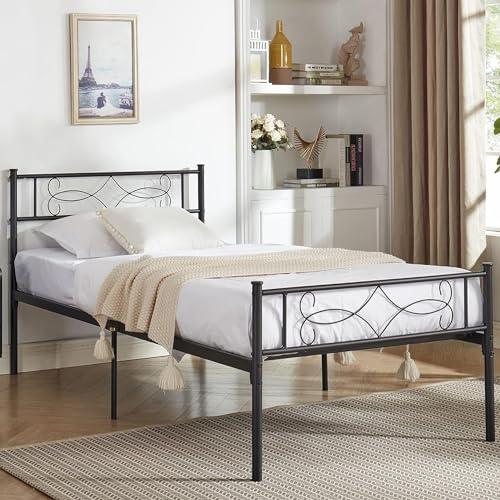 Vecelo 14' Twin Size Metal Platform Bed Frame with Headboard,Premium Steel Slat Support No Box Spring Needed,Noise-Free Anti-Slip,Easy Assembly