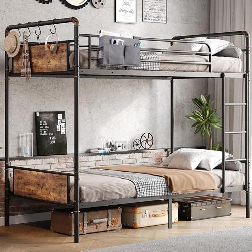 Jocoevol Metal Bunk Bed Twin Over Twin, Industrial Bunkbeds Heavy Duty Bed with Safety Guard Rails and Space-Saving Design, Steel Bed for School, Bedroom (Vintage Brown)