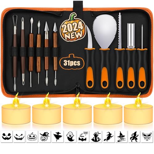 NESSTU Pumpkin Carving Kit with Stencils, 31 PCS Halloween Pumpkin Carving Tools, Professional Pumpkin Carving Set, Heavy Duty Stainless Steel Jack-O-Lanterns Pumpkin Carving Knife for Kids Adults