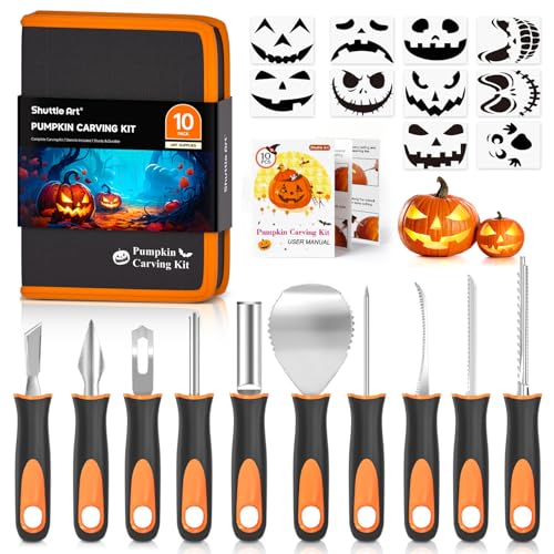 Shuttle Art 20 PCS Halloween Pumpkin Carving Kit, 10 PCS Professional Heavy Duty Stainless Steel Pumpkin Carving Tools with 10 Pumpkin Stencils and Carrying Case, Safe and Durable for Kids Adults