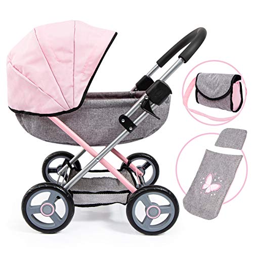 Bayer Dolls 4-in-1 Toy Baby Doll Pram Stroller Cosy Set - Dolls Up to 18' (Pink/Grey)