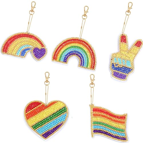 MWOOT 5Pcs 5D DIY LGBT Rainbow Diamond Art Painting Keychain Kit, Double Sided Full Drill Rhinestone Painting Key Ring Pendant for Kids Adults Beginners Backpack Handbag Decoration