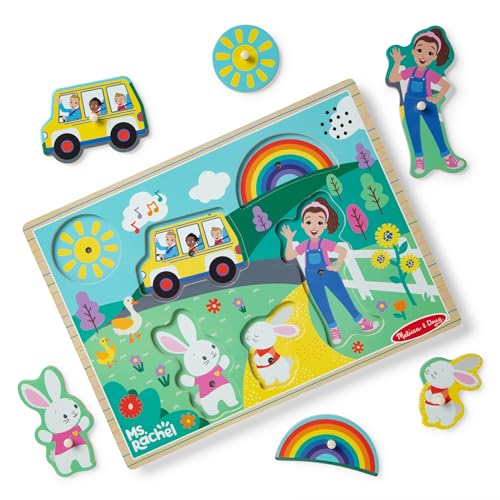 Melissa & Doug Ms. Rachel Wooden Song Peg Puzzle, Light Activated, 6-Piece with Full Songs, Toddler Toys for Boys and Girls Ages 2-5+ Years - FSC Certified