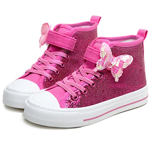 Toandon Little Girls Kids Sneakers Glitter Canvas Shoes Sparkle High Top Toddler Child Adjustable Hook Loop Straps Velcro Non Slip Lightweight Walking Outdoor Butterfly Pink Size 11