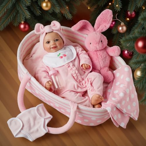 BABESIDE 8 Pcs Reborn Baby Doll Clothes with Bassinet for 17-22 Inch Baby Dolls, Baby Doll Accessories and Doll Clothes Outfit fit Newborn Baby Doll Girl, Babies Pretend Play Set (Not Doll)