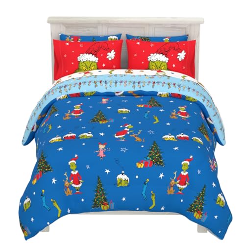 Franco Grinch by Dr. Seuss Holiday & Christmas Bedding Super Soft Comforter and Sheet Set with Sham, 7 Piece Queen Size (Official Dr. Seuss Product)