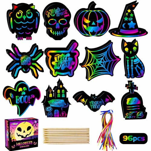 MGparty Scratch Paper Art for Kids - 96 Pcs Halloween Magic Rainbow Scratch Paper Off Cards Set for Kids Crafts Arts Supplies Halloween Ornaments Party Games Halloween Birthday Gift