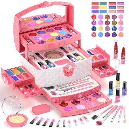 PERRYHOME Kids Makeup Set for Girl 56 Pcs Washable Real Cosmetic, Safe & Non-Toxic Frozen Toys Toddler Makeup Kit, Frozen Princess Dress up Kit Christmas & Birthday Girl Gift for 3-12 (Frozen Pink)