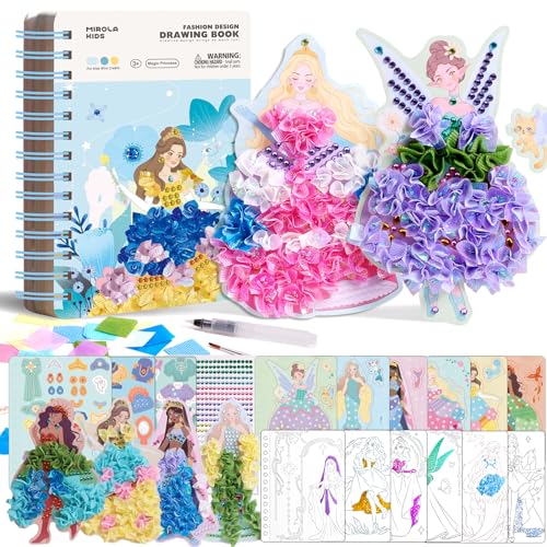 MIROLA KIDS Magic Princess 4 in 1 Fashion Design Drawing Book, Fabric Art Frenzy for Girls, Dress up Games with Princess Stickers, Watercolor, Diamond Painting, DIY Crafts for Girls Ages 4-8