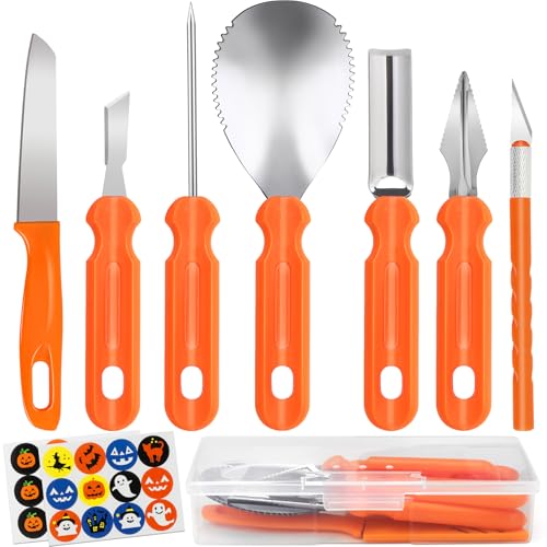 Pumpkin Carving Kit,Halloween Decorations Stainless Steel Pumpkin Carving Tools,Pumpkin Carving Kit for Kids Adults,Carver Tool with Box and Halloween Stickers,Family DIY Carving Pumpkins Gift (7PCS)