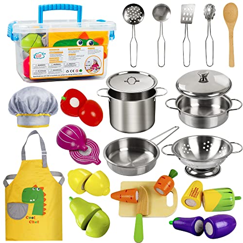 Sundaymot Play Kitchen Accessories, Wooden Play Food, Cooking Set with Stainless Steel Cookware Pots and Pans Utensils, Apron, Chef Hat, ​Cutting Food Kitchen Playset for Girls and Boys