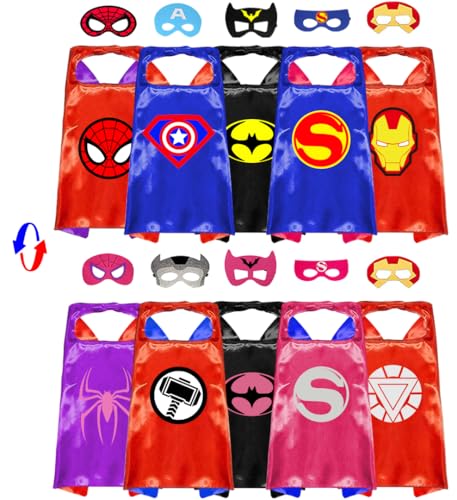 VOSOE Superhero Capes and Masks Cosplay Costumes Birthday Party Christmas Halloween Dress up Gift for Kids (Double Side 5 Sets)