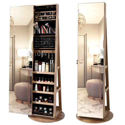 LVSOMT 360° Swivel Jewelry Cabinet with Full Length Mirror, 63' Large Jewelry Armoire Organizer, Lockable Mirror with Jewelry Storage, Floor Standing Mirror, Rear Storage Shelves