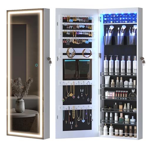 LVSOMT LED Mirror Jewelry Cabinet, Wall/Door Mount Jewelry Armoire Organizer with Lights, Full Length Mirror with Jewelry Storage, Over the Door Hanging Jewelry Cabinet (White)