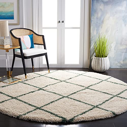 SAFAVIEH Hudson Shag Collection Area Rug - 7' Round, Ivory & Green, Modern Trellis Design, Non-Shedding & Easy Care, 2-inch Thick Ideal for High Traffic Areas in Living Room, Bedroom (SGH281X)