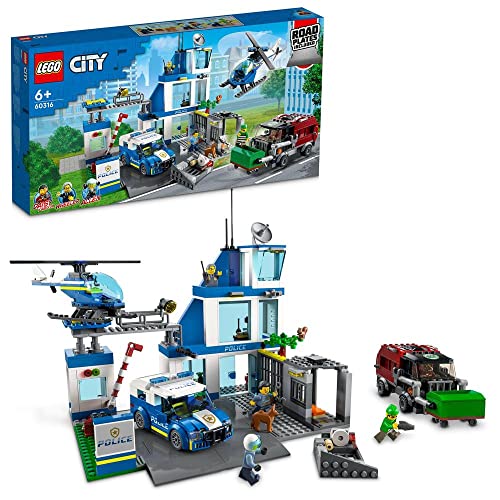 Lego 60316 City Le Commissariat de Police, Jouet de Voiture, Camion de Poubelle et Hélicoptère, Figurine de Chien, Pour Enfants, Garçons et Filles de 6 Ans