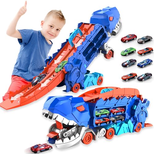 Dufuntotoys City Dinosaur Ultimate Hauler Track Toy for Boys, Transforms into Stomping Dinosaur with Race Track Ultimate Transporter Hauler Christmas Toys Gifts for Kids Ages 3 4 5 6 Years Old(4 Cars)