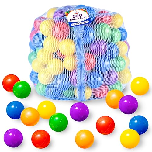 200 Count Plastic Balls for Ball Pit, Phthalate and BPA Free, Crush Proof Play Balls for Ball Pit, Pit Balls in Assorted Colors in Reusable and Durable Mesh Storage Bag with Zipper