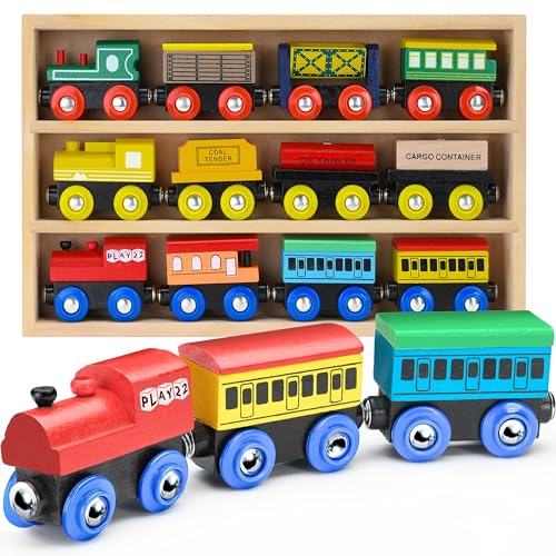 Wooden Train Set 12 PCS - Train Toys Magnetic Set Includes 3 Engines - Toy Train Sets For Kids Toddler Boys And Girls - Compatible With All Major Brands - Original - By Play22