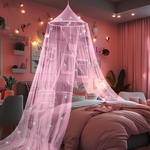 Daksha Pink Princess Bed Canopy for Girls with Glowing Stars, Ceiling Tent for Kids, Fits Twin, Full, and Queen Size Beds, Suitable for Indoor Room Decor and Outdoor Use