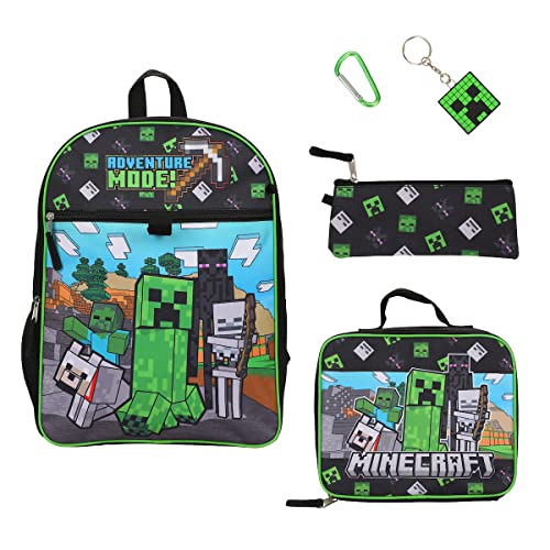 Minecraft 5-Piece Set: 16 Backpack, Lunchbox, Utility Case, Rubber Keychain, and Carabiner