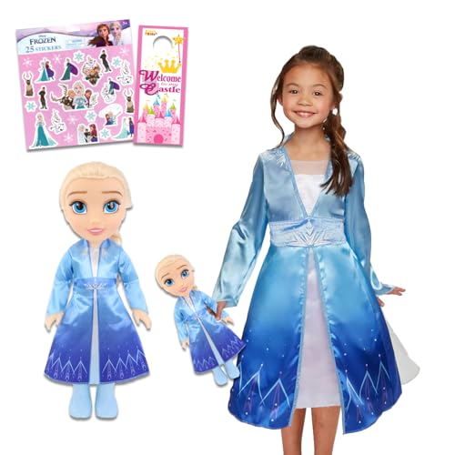 Disney Frozen Elsa Dress for Girls Bundle ~ Girls 4-6X Frozen Dress for Pretend Play Dress Up Plus Matching Elsa Doll and Stickers | Frozen Elsa Dress Up Costume