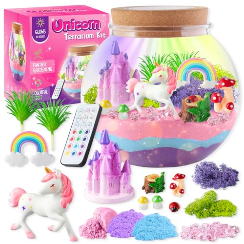 Unicorn Light-Up Terrarium Kit for Kids - LED Night Light Birthday Gift for Girls Ages 4 5 6 7 8-12 Year Old - Unicorn Toys for Girls - DIY Arts and Crafts Kit for Kids - Best Girls Presents