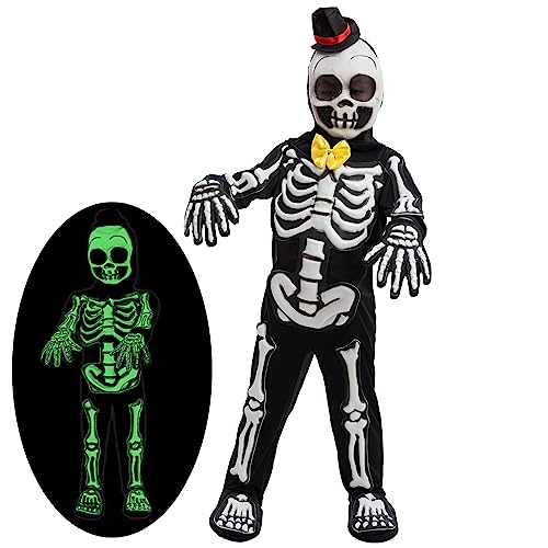 Spooktacular Creations Glows in the Dark Skeleton Costume, Black Skelebones Jumpsuit, Bone Halloween Costume for Toddler, Kids, Boys-3T(3-4yr)