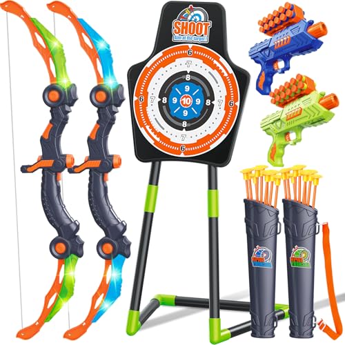 GMAOPHY Bow and Arrow for 5 6 7 8 9 10 11+ Year Old Boys, Birthday Gift for Kids, Indoor Outdoor Activity Toys, 2 Pack LED Light Up Archery Toy with 20 Suction Cup Arrows, Standing Target, 2 Quiver