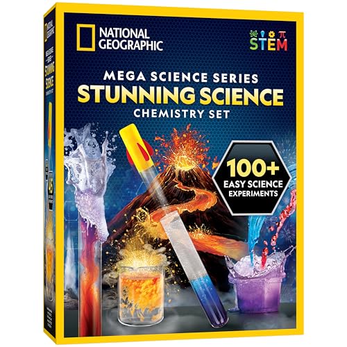 NATIONAL GEOGRAPHIC Stunning Chemistry Set - Mega Science Kit with 100+ Easy Experiments- Make a Volcano and Launch a Rocket, STEM Projects for Kids Ages 8-12, Science Toys (Amazon Exclusive)